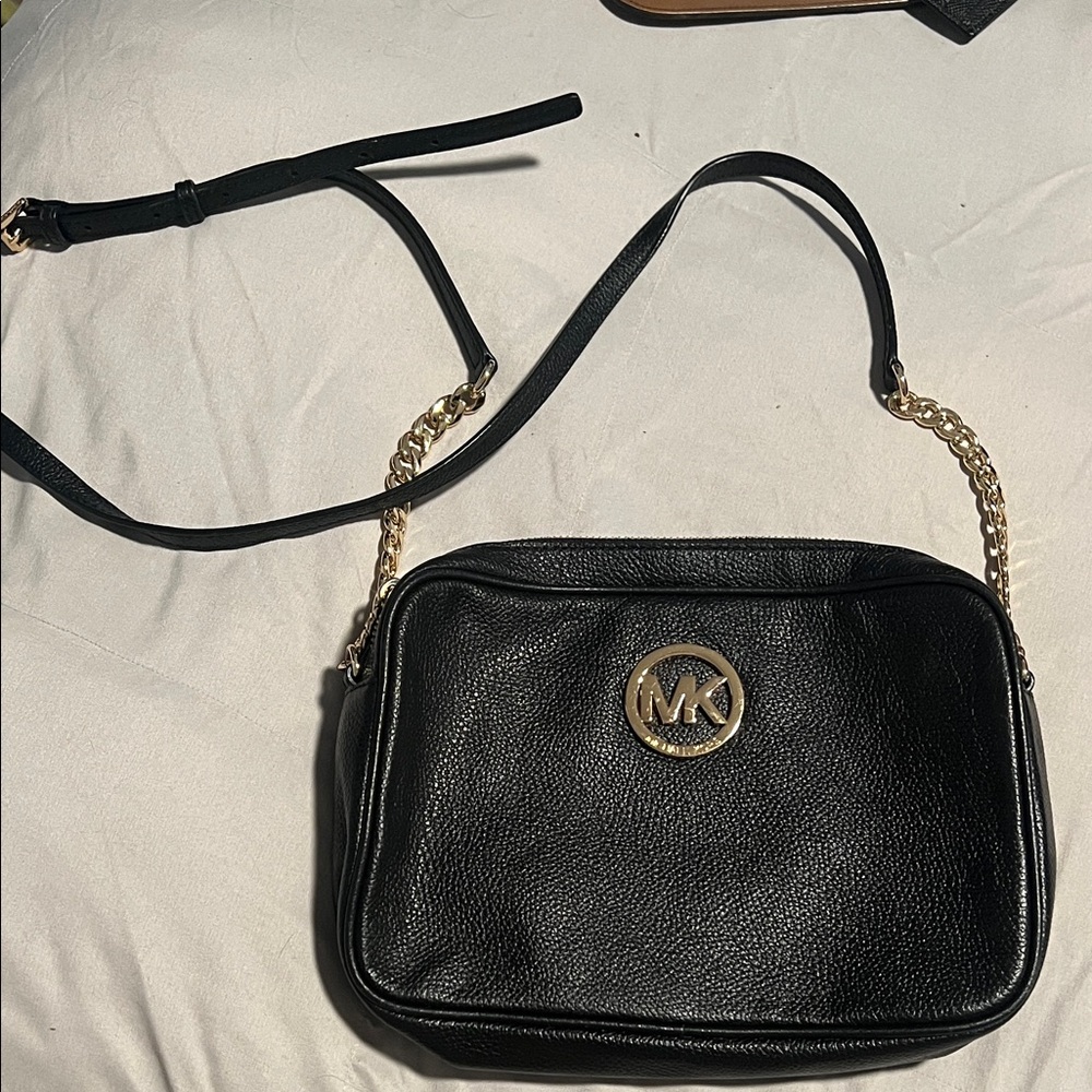 Michael Kors Black Leather Camera Bag Gold Chain Strap